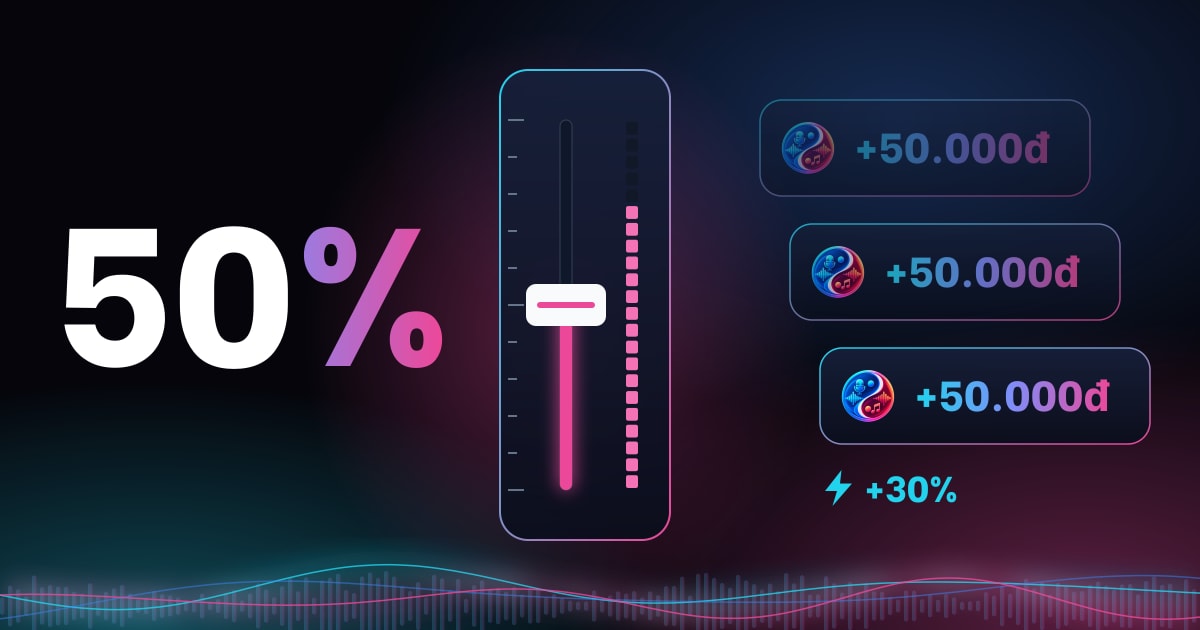 Mời bạn dùng Tách Nhạc: con số 50% lớn, cần gạt mixer dừng ở nấc giữa và ba thông báo cộng tiền hoa hồng