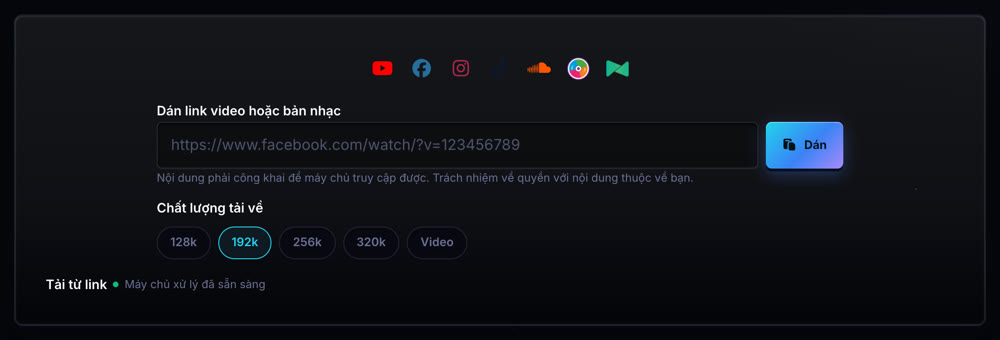 Lấy MP3 từ link YouTube, TikTok: ô dán link và lựa chọn chất lượng tải về