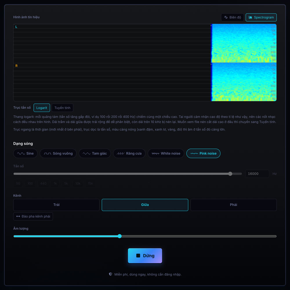 Pink noise trên spectrogram thang logarit của công cụ test loa, tai nghe Tách Nhạc