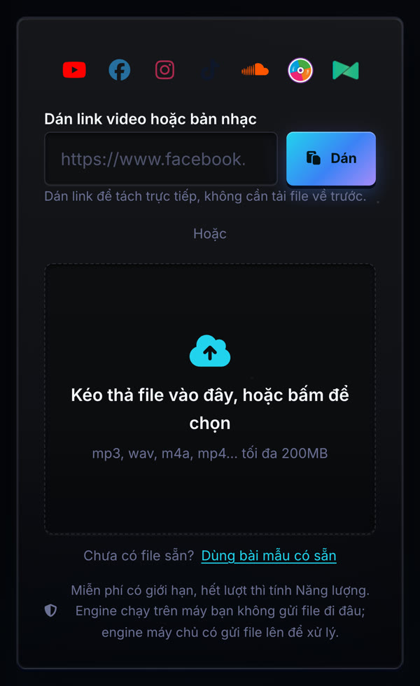 Tách nhạc trên điện thoại: giao diện công cụ tách nhạc trên trình duyệt di động