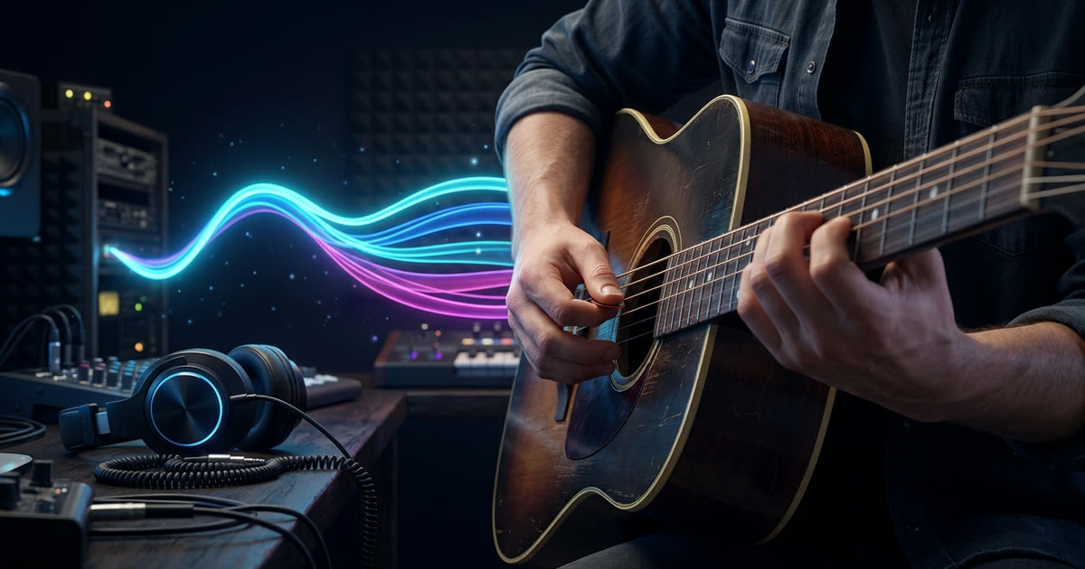 Tách beat để cover: tay chơi guitar trong phòng thu nhỏ, dải nhạc tách thành các lớp nhạc nền